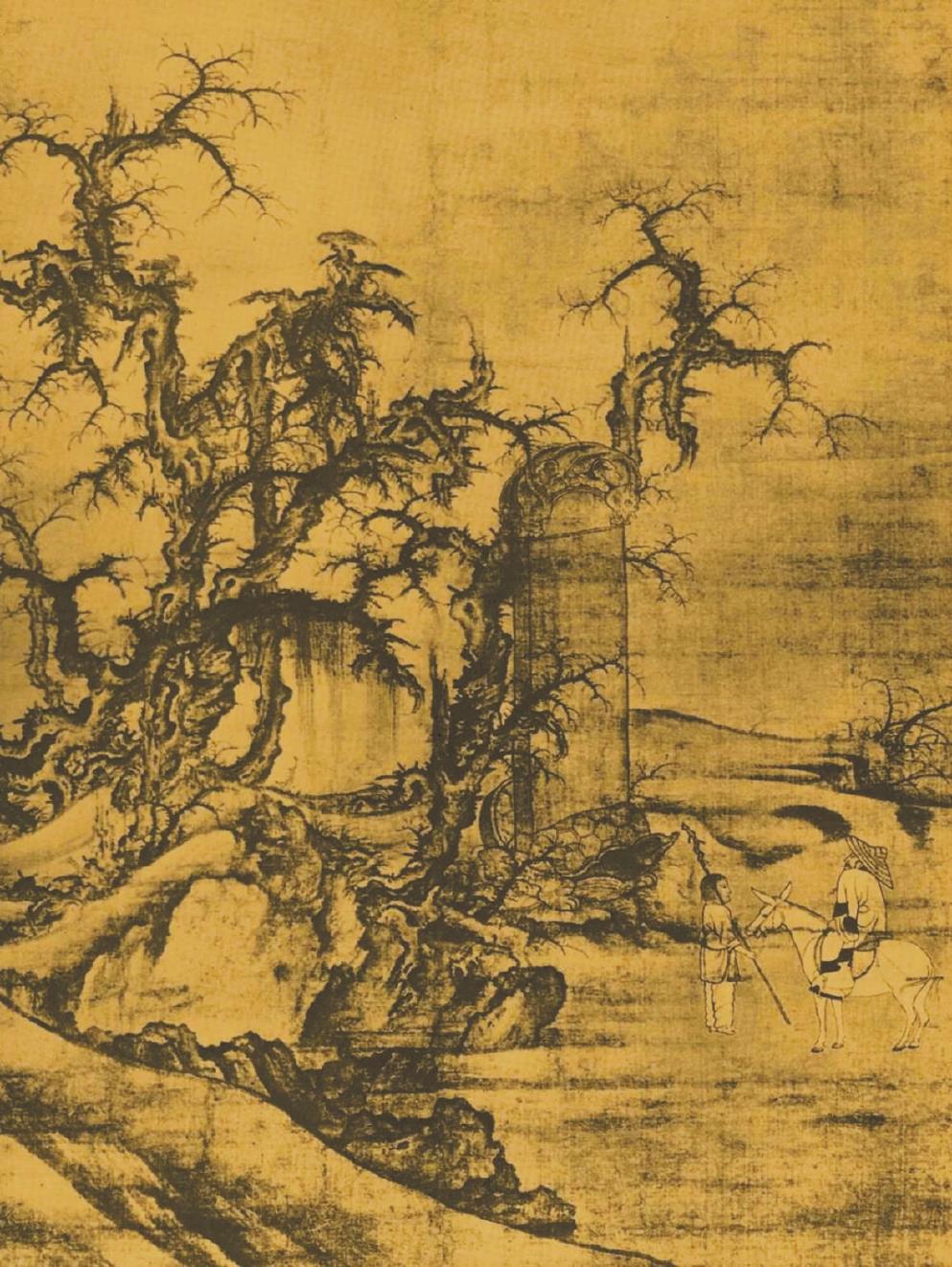 《黑神话：悟空》中的室外场景，随处可见中国古代山水画的影子。左图为游戏画面，右图为北宋李成《读碑窠石图》。